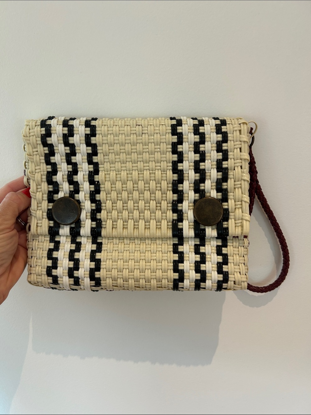 Funky Woven Cream Clutch/ Wristlet Bag with Burgundy Strap